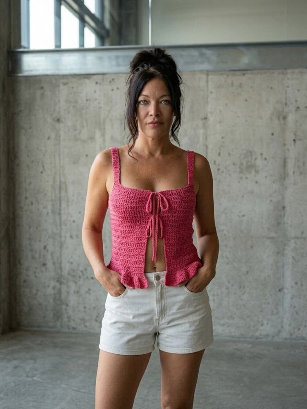 Pink Crochet Cami Top With Ruffle Hem